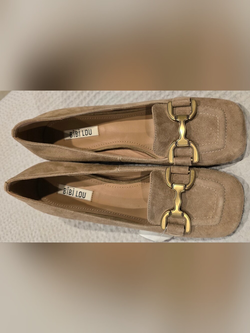 Bibilou Tan Suede Loafers with Gold Buckle, Women's Sz 8.5